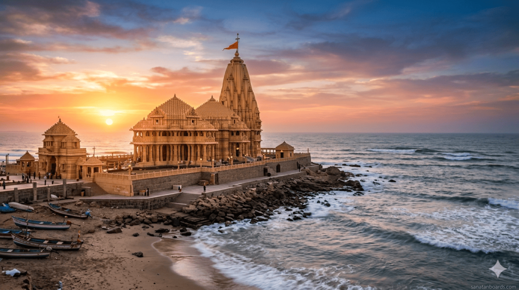 Somnath Temple at sunrise with ocean waves and golden sky in a peaceful landscape view.