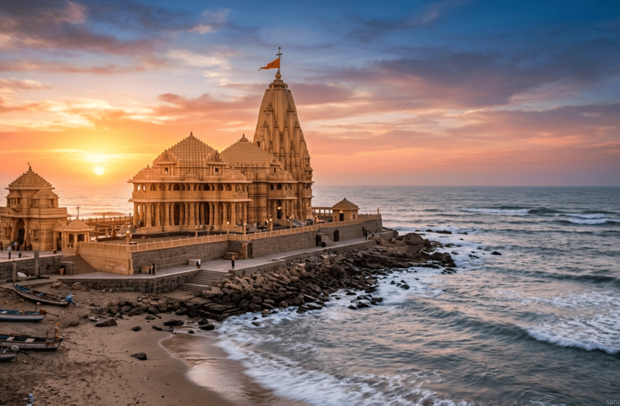Somnath Temple at sunrise with ocean waves and golden sky in a peaceful landscape view.