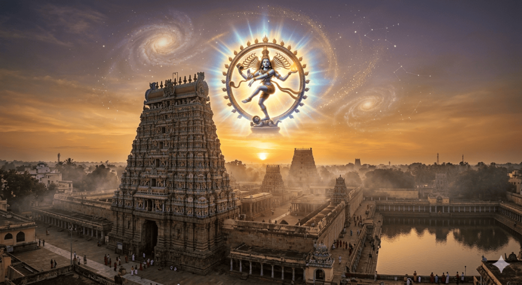 Divine view of Chidambaram Nataraja Temple with Lord Shiva as cosmic dancer glowing in the sky.