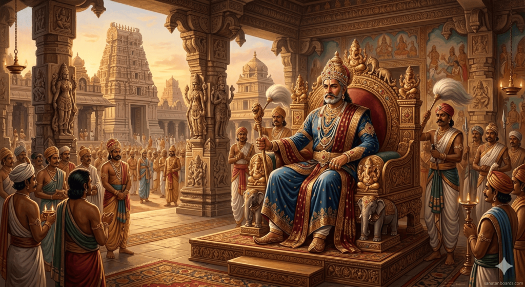 “Virupaksha Raya seated on a royal throne in Vijayanagara, surrounded by courtiers and temple architecture, with watermark sanatanboards.com.”