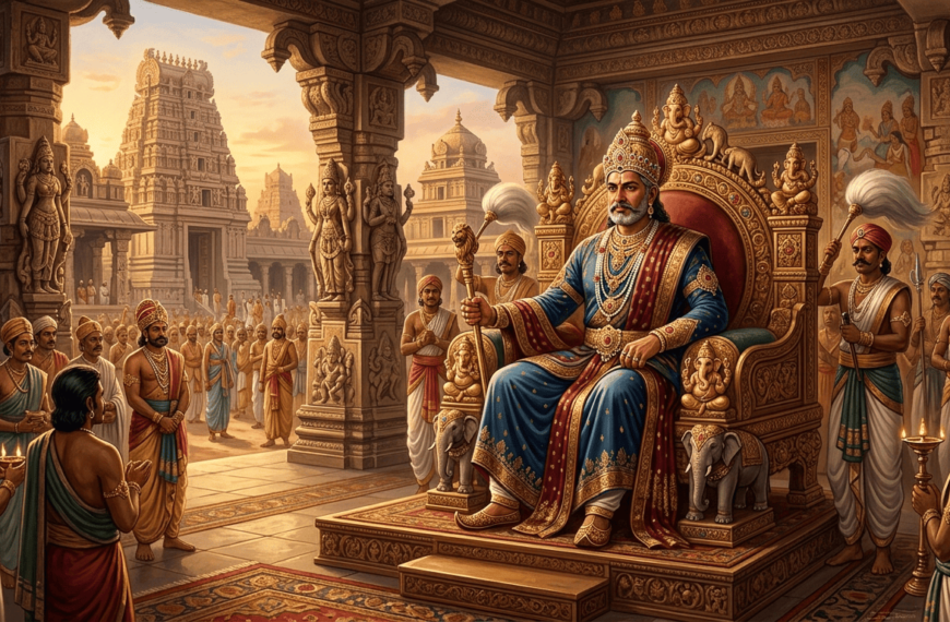 “Virupaksha Raya seated on a royal throne in Vijayanagara, surrounded by courtiers and temple architecture, with watermark sanatanboards.com.”