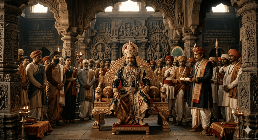 “Portrait of King Someshvara II of the Western Chalukya dynasty seated on a throne, surrounded by ministers in an intricately decorated palace. Watermark ‘sanatanboards.com’ visible.”