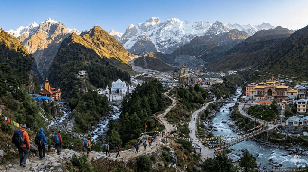 Panoramic landscape of Char Dham Yatra temples in the Himalayas with pilgrims and mountains, watermark sanatanboards.com