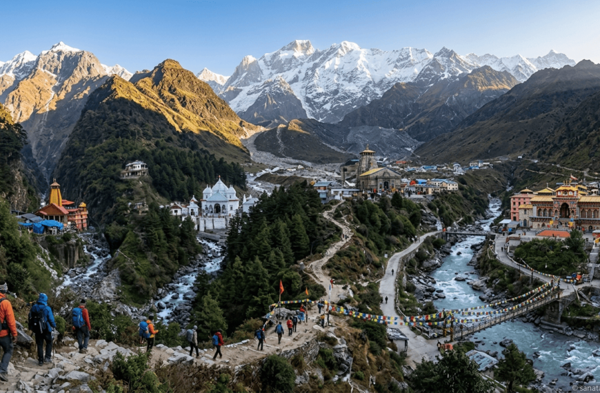 Panoramic landscape of Char Dham Yatra temples in the Himalayas with pilgrims and mountains, watermark sanatanboards.com