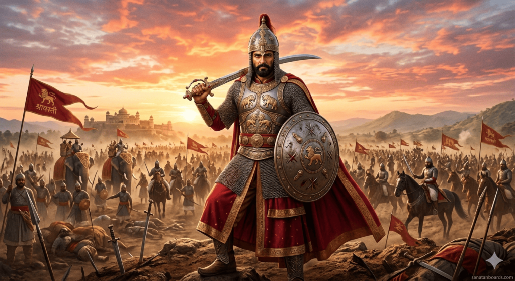 “Suheldev, Raja of Shravasti, leading his army on the battlefield, with sword and shield, 11th-century Indian armor, watermark sanatanboards.com.”