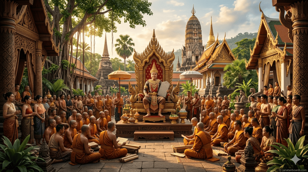 King Ramkhamhaeng in royal court of Sukhothai Kingdom with Thai script and traditional architecture in a historical landscape scene.