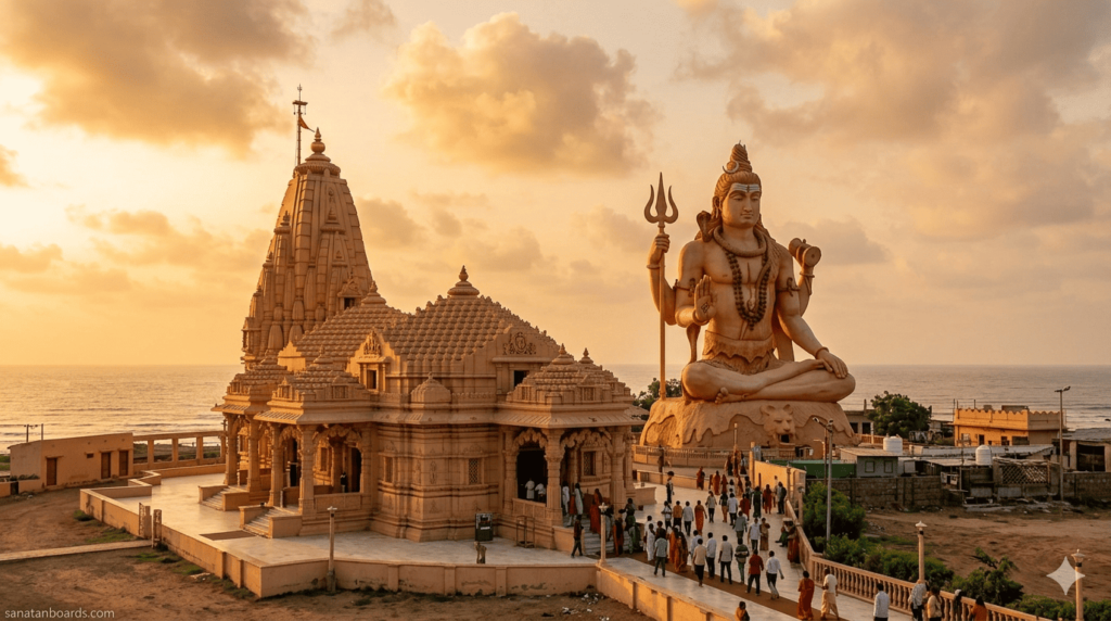 Landscape view of Nageshwar Jyotirlinga temple with Lord Shiva statue, sunrise, devotees, and coastal background in Gujarat.