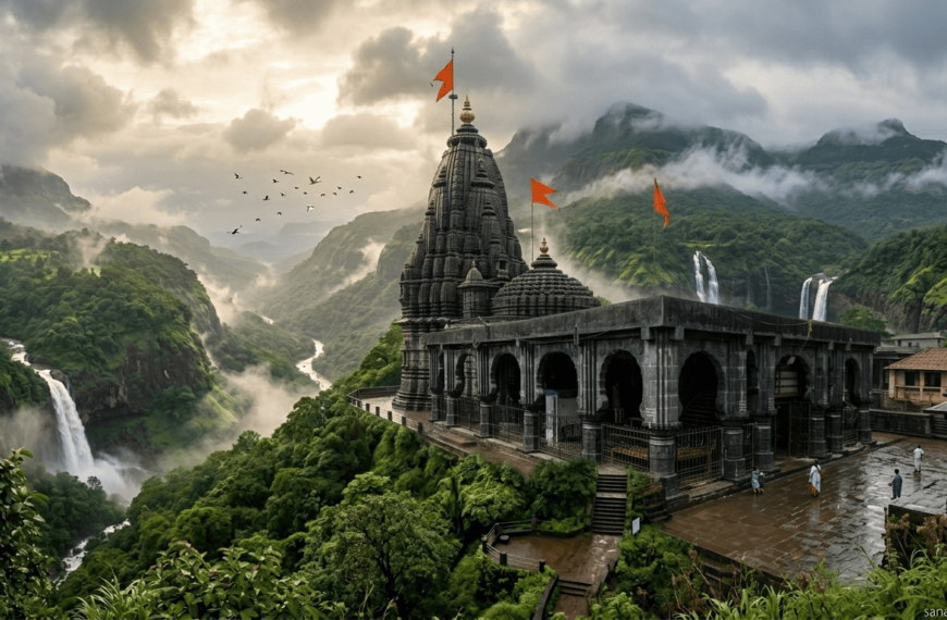 An ultra-realistic, wide-angle landscape of the ancient stone Bhimashankar Temple perched on a lush green cliff in the Western Ghats, featuring cascading waterfalls, misty monsoon mountains, and a golden sunset.