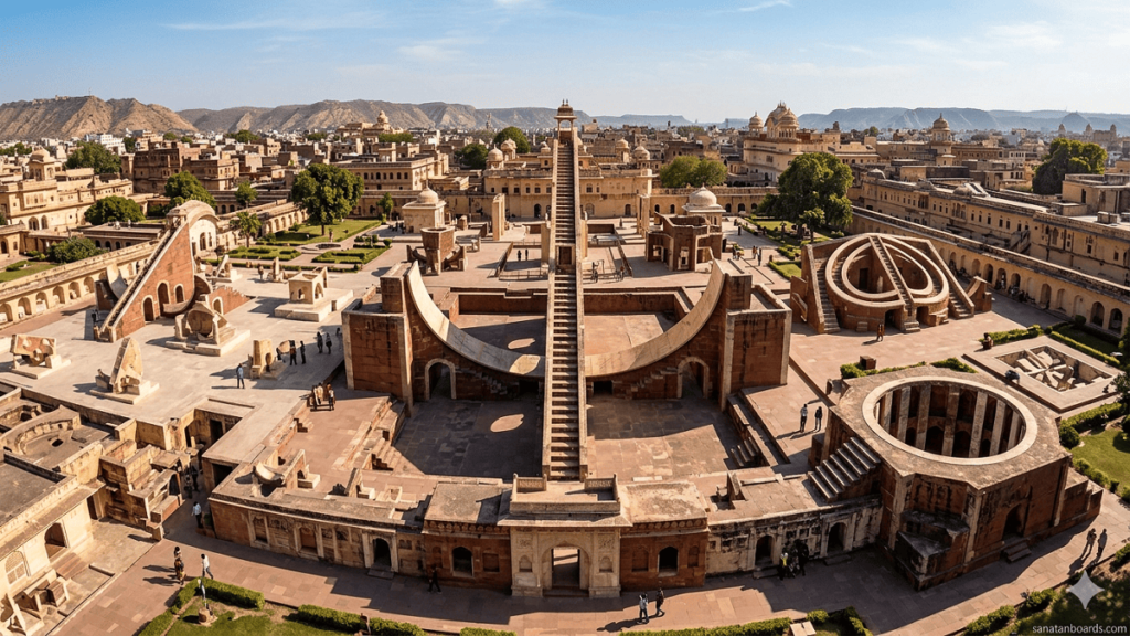 Aerial view of Jaipur Jantar Mantar with massive stone astronomical instruments and geometric structures, watermark ‘sanatanboards.com’ on bottom right