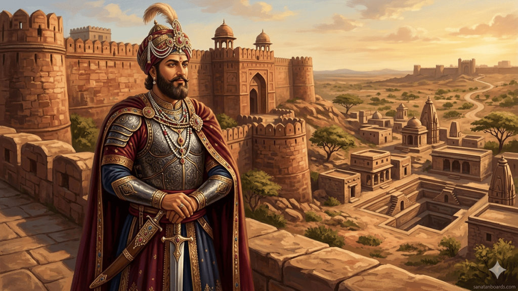 Anangpal Tomar, 11th-century Delhi king, standing in front of Lal Kot fort, wearing traditional Rajput armor and turban; Mehrauli landscape in background. Watermark: sanatanboards.com.
