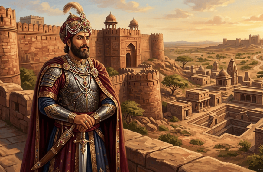 Anangpal Tomar, 11th-century Delhi king, standing in front of Lal Kot fort, wearing traditional Rajput armor and turban; Mehrauli landscape in background. Watermark: sanatanboards.com.