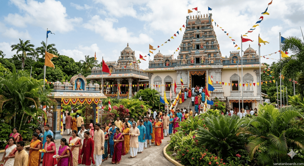 Hindu temple in Trinidad and Tobago during a festival with devotees and tropical surroundings.