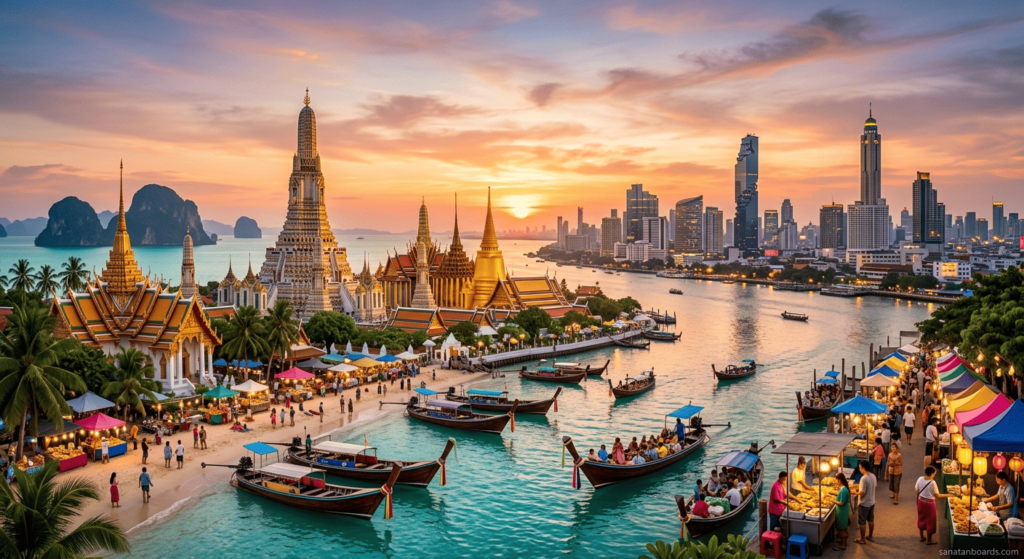 Beautiful view of Thailand showing temples, beaches, and Bangkok skyline at sunset.