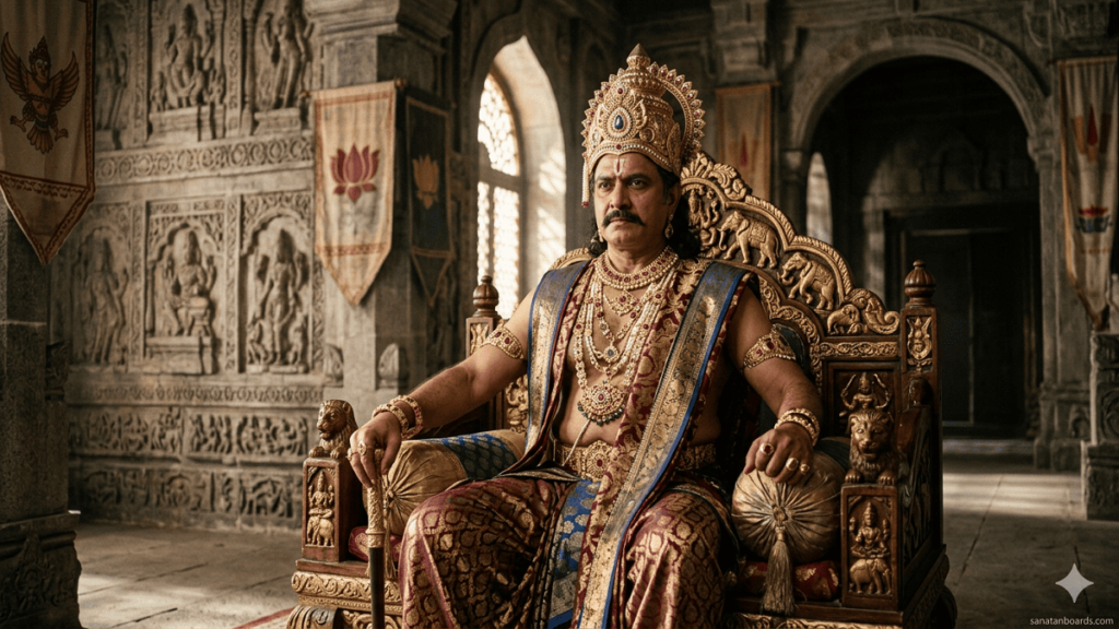 “Portrait of MADHAVA VARMA (ANDHRA) in royal attire on an ornate throne, with watermark sanatanboards.com”
