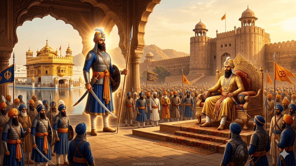 Guru Gobind Singh and Maharaja Ranjit Singh representing unity and strength in a historical Sikh Empire setting.