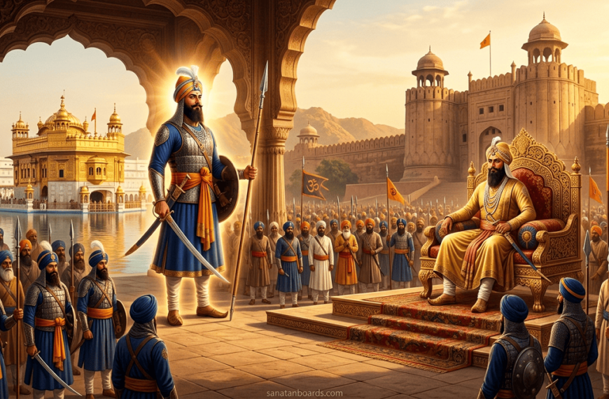 Guru Gobind Singh and Maharaja Ranjit Singh representing unity and strength in a historical Sikh Empire setting.