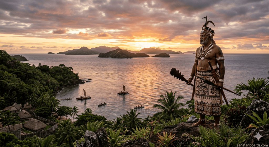 Ratu Seru Epenisa Cakobau standing on Bau Island overlooking ocean and islands, wearing traditional Fijian attire, sunset sky, tropical landscape, watermark sanatanboards.com