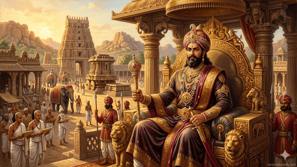 "KRISHNA DEVA RAYA seated on a royal throne in Vijayanagar with Vitthala Temple in the background, wearing traditional attire and gold ornaments, with a watermark 'sanatanboards.com'."