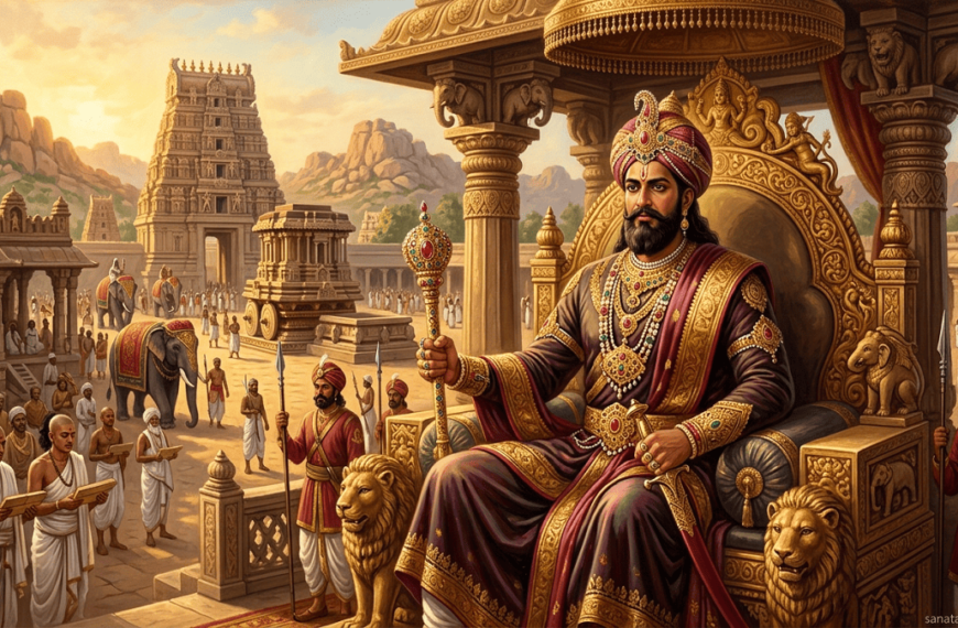 "KRISHNA DEVA RAYA seated on a royal throne in Vijayanagar with Vitthala Temple in the background, wearing traditional attire and gold ornaments, with a watermark 'sanatanboards.com'."