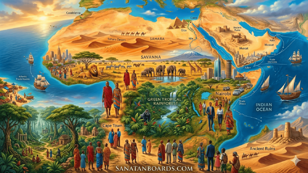 Diverse African landscapes with wildlife, culture, and modern cities