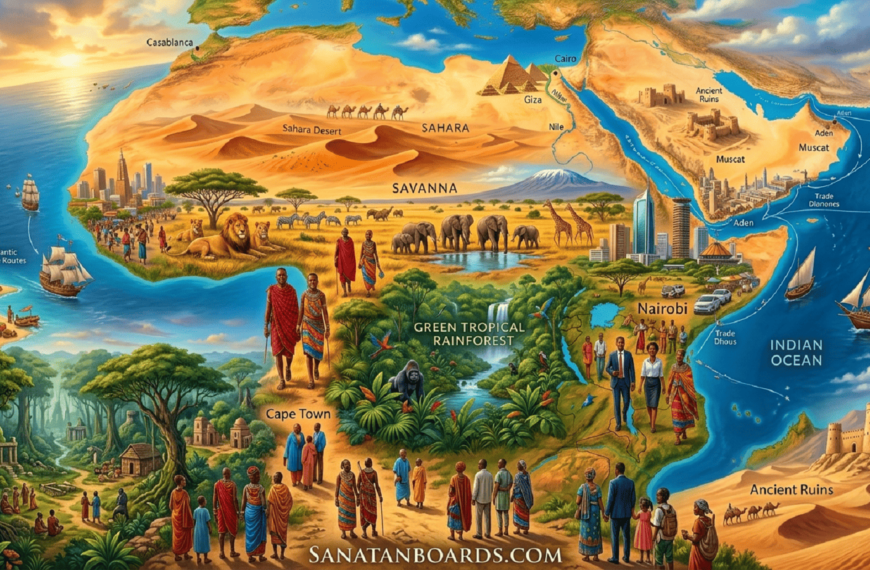 Diverse African landscapes with wildlife, culture, and modern cities