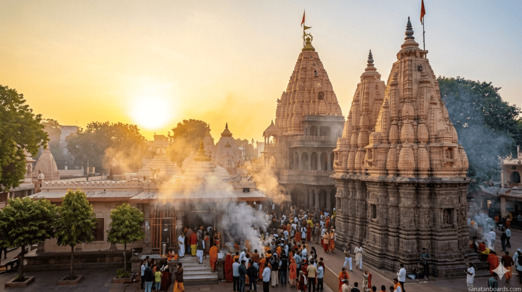 Sunrise view of Mahakaleshwar Temple in Ujjain with devotees and spiritual atmosphere