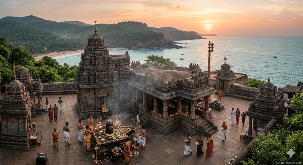 Gokarna Mahabaleshwar Shiva Temple with devotees, rituals, and Arabian Sea at sunrise.