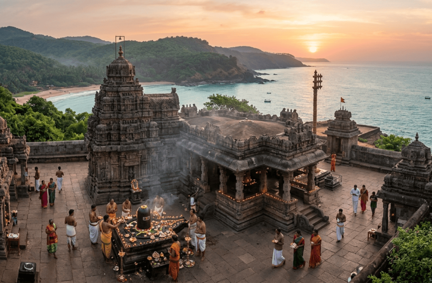 Gokarna Mahabaleshwar Shiva Temple with devotees, rituals, and Arabian Sea at sunrise.