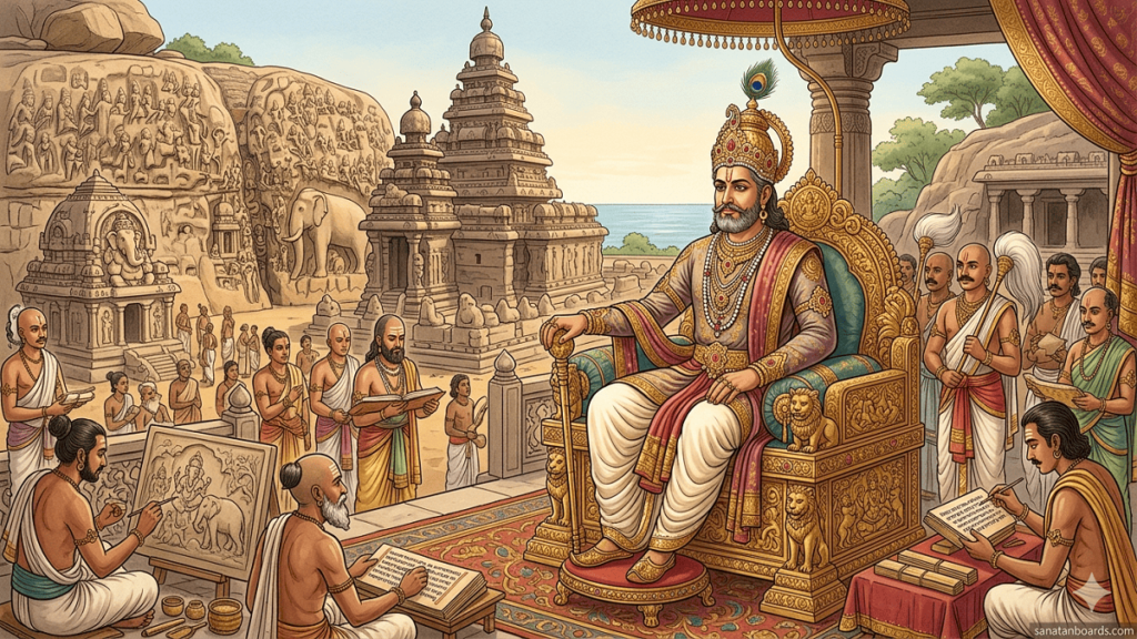 “MAHENDRA VARMA PALLAVA seated on a throne with Pallava-era rock-cut temples in the background, watermark sanatanboards.com.”