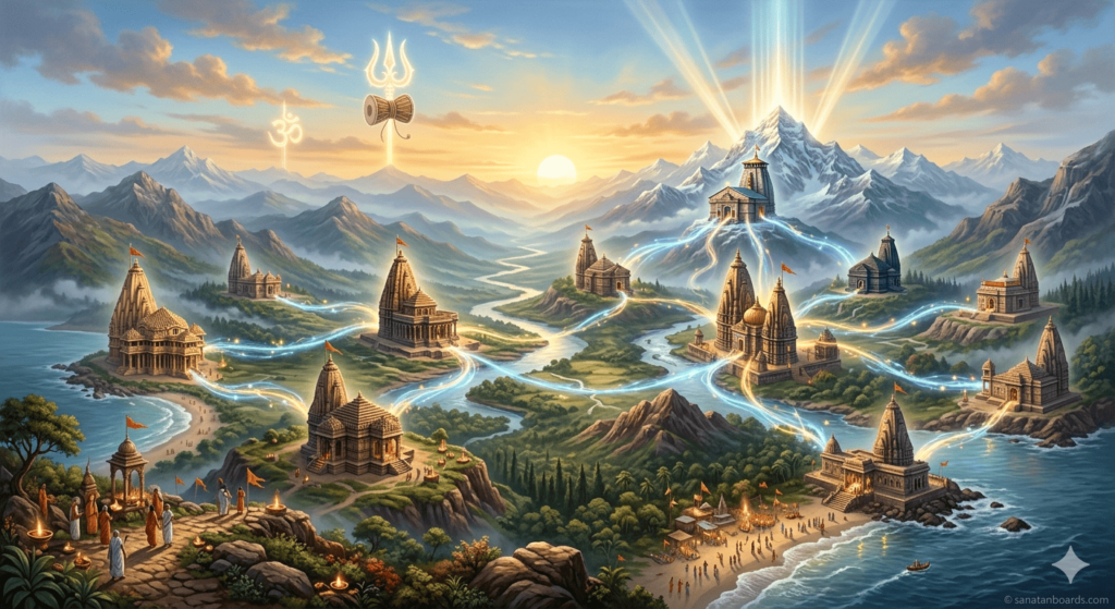 Spiritual landscape collage showing 12 Jyotirlinga temples of Lord Shiva connected by divine light across India.