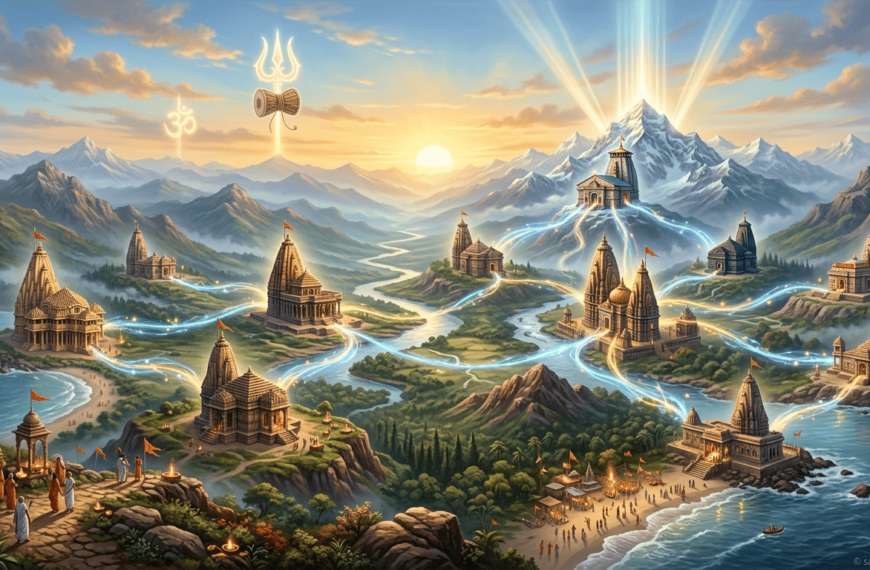 Spiritual landscape collage showing 12 Jyotirlinga temples of Lord Shiva connected by divine light across India.