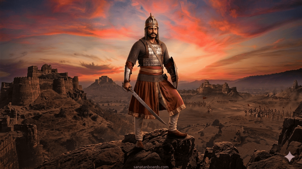 Maharaja Chhatrasal standing in warrior attire overlooking Bundelkhand landscape