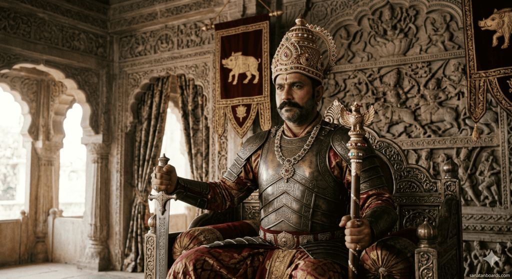 “Portrait of Someshvara I, 11th-century Western Chalukya king, seated on throne with crown and sword, watermark sanatanboards.com.”