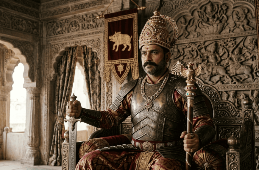 “Portrait of Someshvara I, 11th-century Western Chalukya king, seated on throne with crown and sword, watermark sanatanboards.com.”