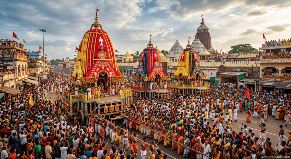 Huge Rath Yatra procession in Puri with decorated chariots and large devotional crowd pulling ropes on a festival street.