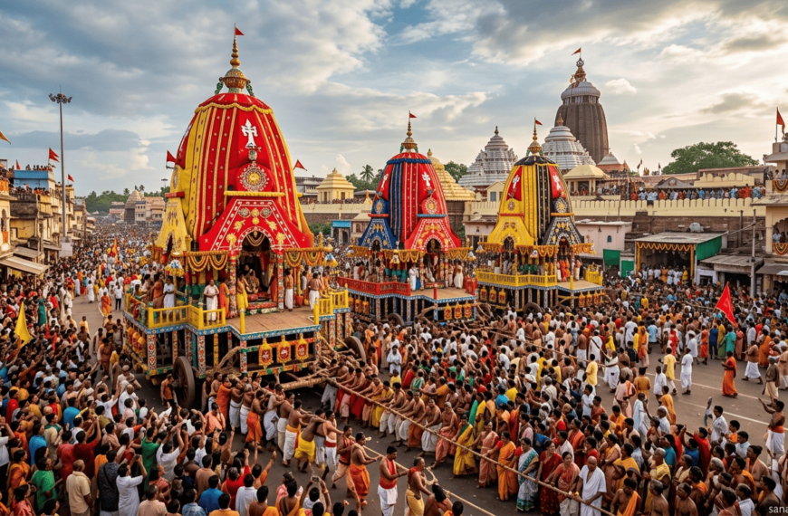 Huge Rath Yatra procession in Puri with decorated chariots and large devotional crowd pulling ropes on a festival street.
