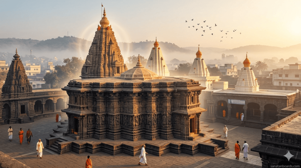 Mahalakshmi Temple Kolhapur at sunrise with devotees, golden light on ancient architecture and spiritual atmosphere.