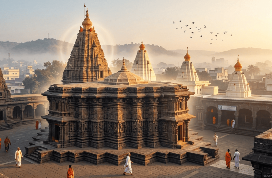 Mahalakshmi Temple Kolhapur at sunrise with devotees, golden light on ancient architecture and spiritual atmosphere.