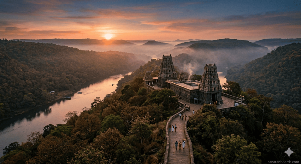 Mallikarjuna Temple in Srisailam on a forest hill with pilgrims and sunrise landscape view
