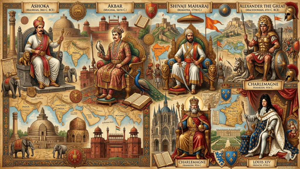 Collage of influential kings from India and abroad, including Ashoka, Akbar, Shivaji Maharaj, Alexander the Great, Charlemagne, and Louis XIV, with a watermark ‘sanatanboards.com’