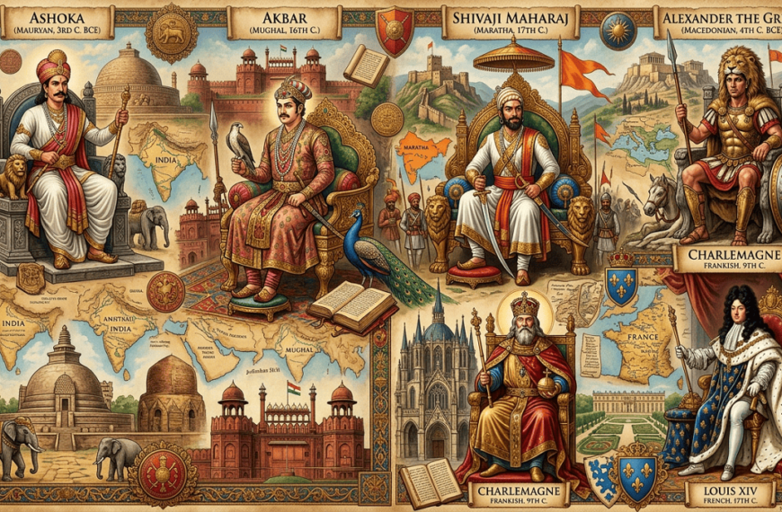 Collage of influential kings from India and abroad, including Ashoka, Akbar, Shivaji Maharaj, Alexander the Great, Charlemagne, and Louis XIV, with a watermark ‘sanatanboards.com’