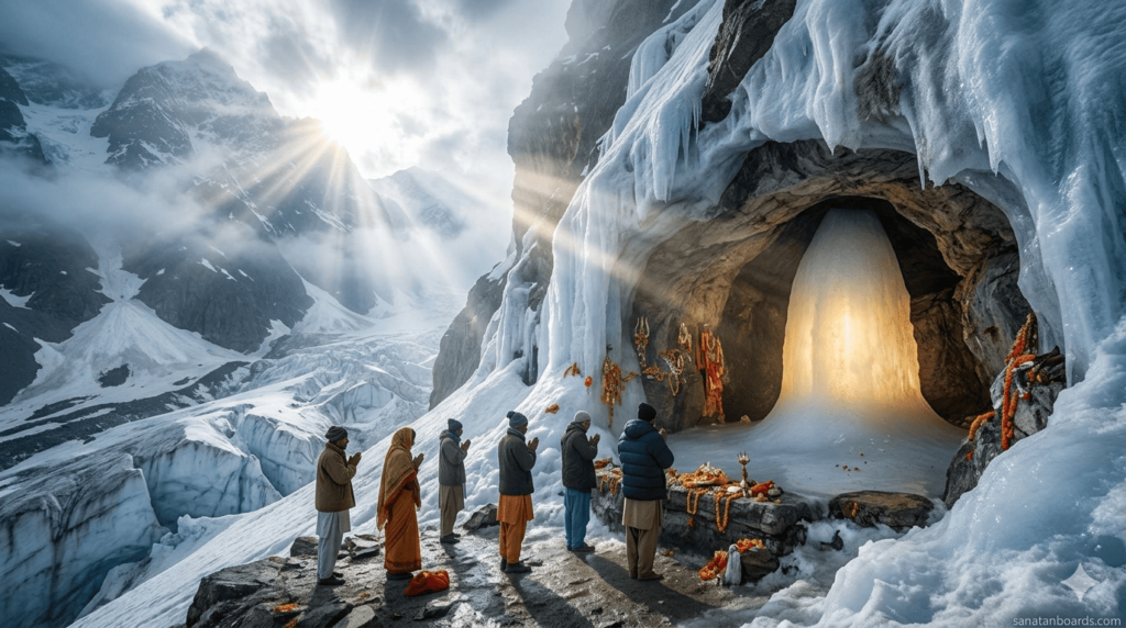 Snow-covered Himalayan cave of Amarnath with glowing Ice Shiva Linga and pilgrims praying.