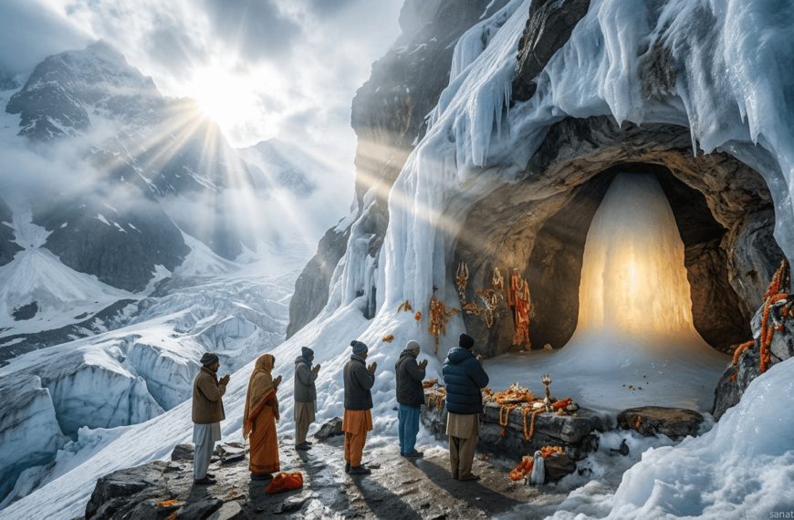Snow-covered Himalayan cave of Amarnath with glowing Ice Shiva Linga and pilgrims praying.