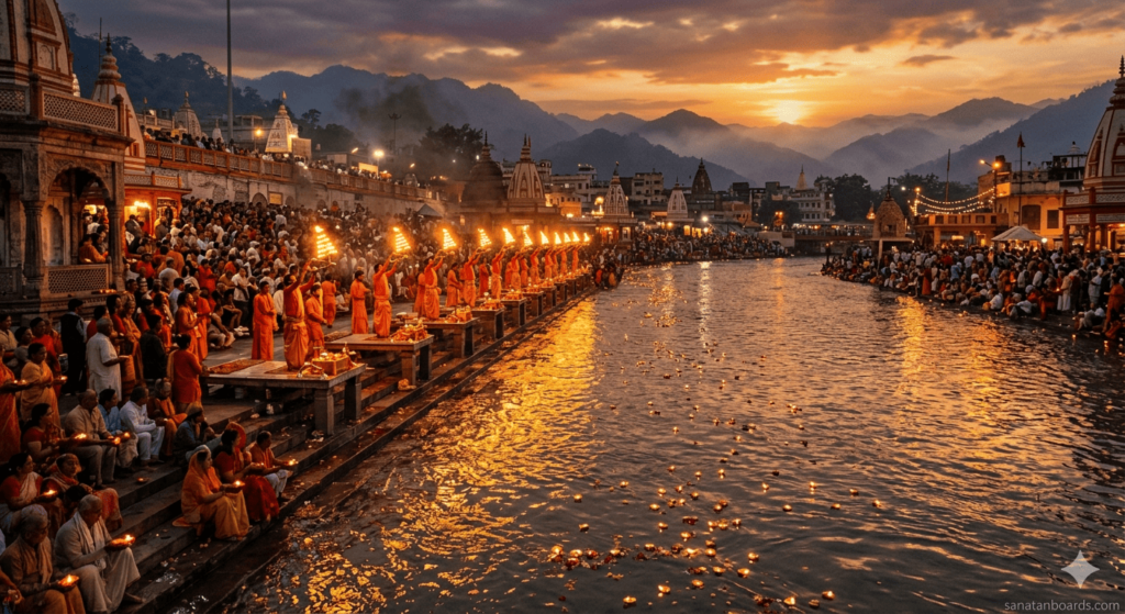 Evening Ganga Aarti at Har Ki Pauri with priests holding lamps and devotees watching on river ghats.