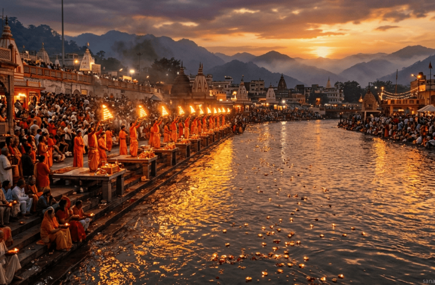 Evening Ganga Aarti at Har Ki Pauri with priests holding lamps and devotees watching on river ghats.