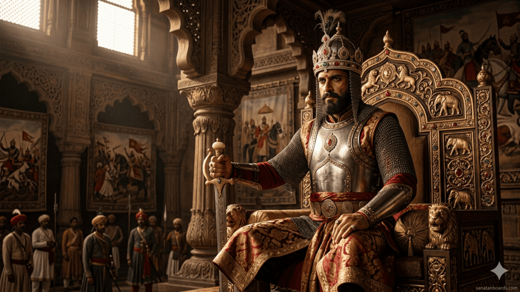 Jayachandra king of Kannauj sitting on a royal throne in a medieval Indian palace