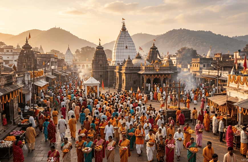 Pilgrims gathering at Baidyanath Temple in Deoghar with spiritual morning atmosphere and traditional Indian setting.