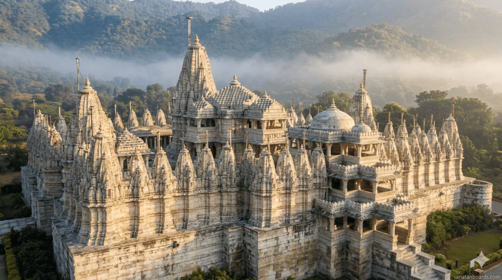 Ranakpur Jain Temple in Rajasthan shown in a cinematic landscape view with detailed white marble carvings and surrounding Aravalli hills under morning sunlight.