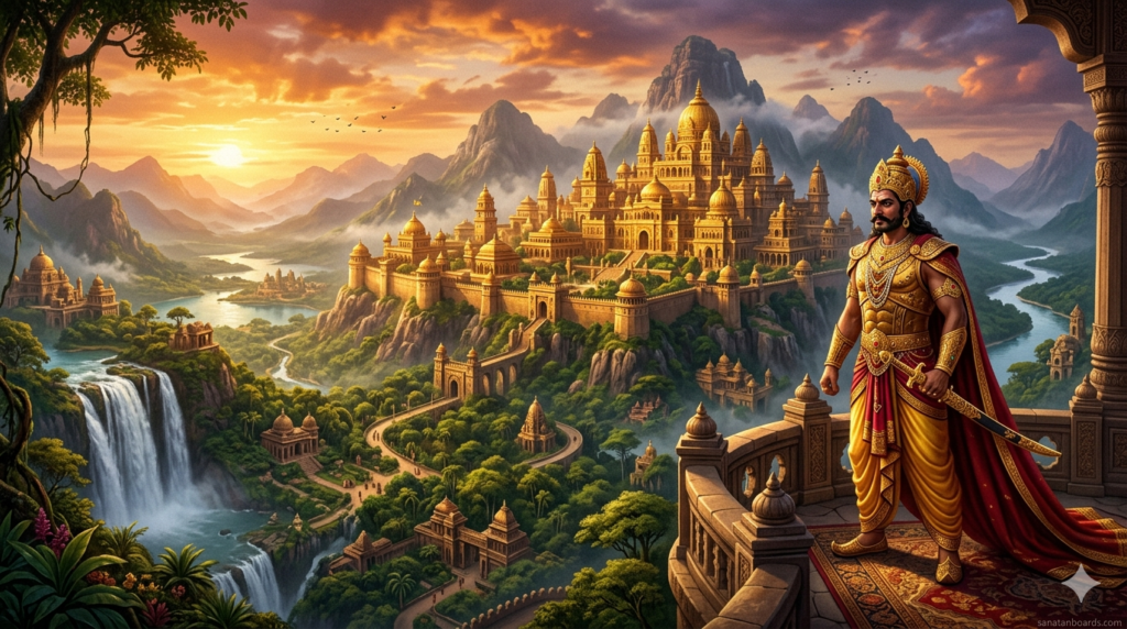 Ravana standing in golden Lanka kingdom with mountains and palaces in ancient Sri Lanka landscape.