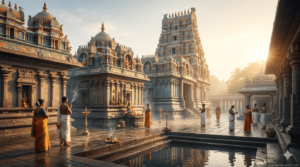 Munneswaram Temple with devotees during morning पूजा.
